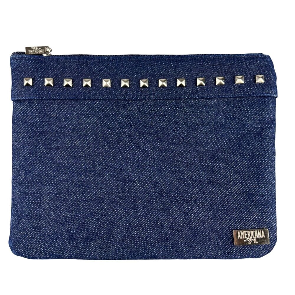 Americana by Sharif Purse Handbag Blue Denim Studded Clutch Coin Zip Close 1980s